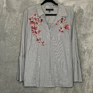 Jasmine & Juliana 2X Shirt Top Black Striped Bell Long Sleeve V Neck Embroidered